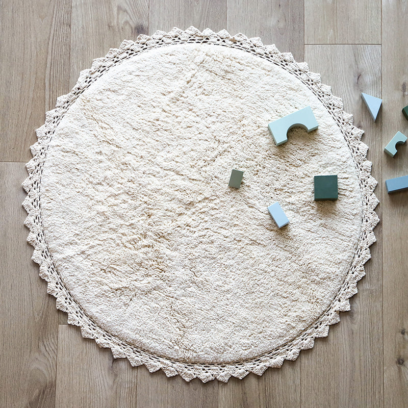 Nattiot Washable Cotton round kid's rug with crochet finish - Perla ecru - D110 cm