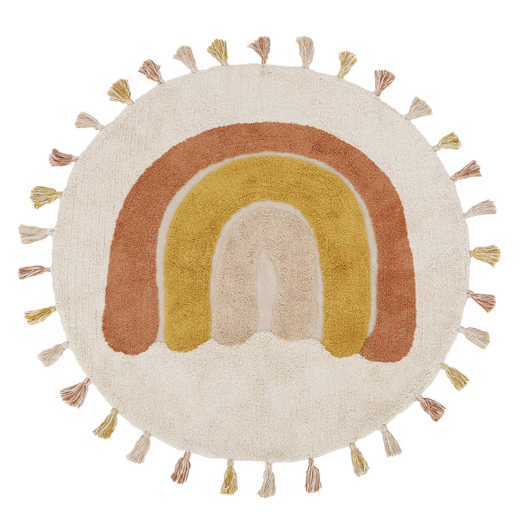 Tapis enfant coton lavable arc en ciel avec pompons RAINBOW TOFFEE 