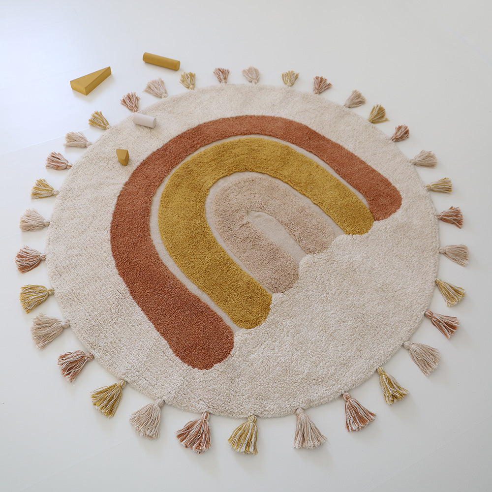 Tapis enfant coton lavable arc en ciel avec pompons RAINBOW TOFFEE 