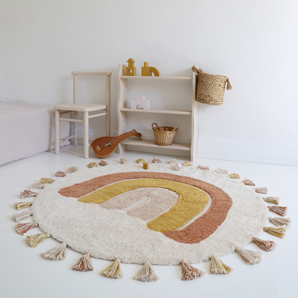 Tapis enfant coton lavable arc en ciel avec pompons RAINBOW TOFFEE 