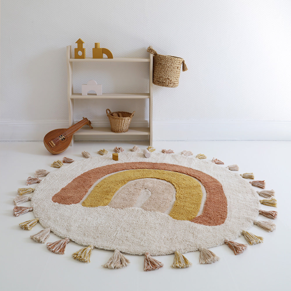 Tapis enfant coton lavable arc en ciel avec pompons RAINBOW TOFFEE 