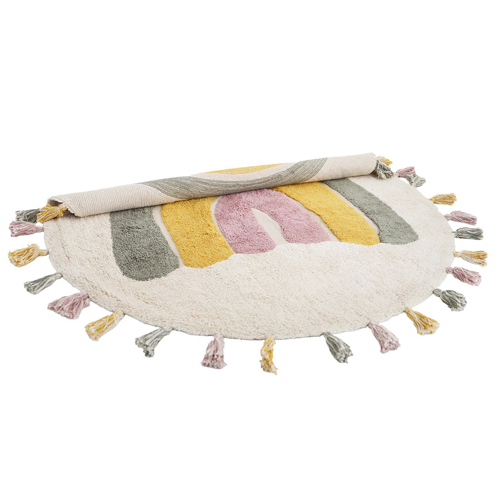 Tapis enfant coton lavable arc en ciel avec pompons RAINBOW MOSS 