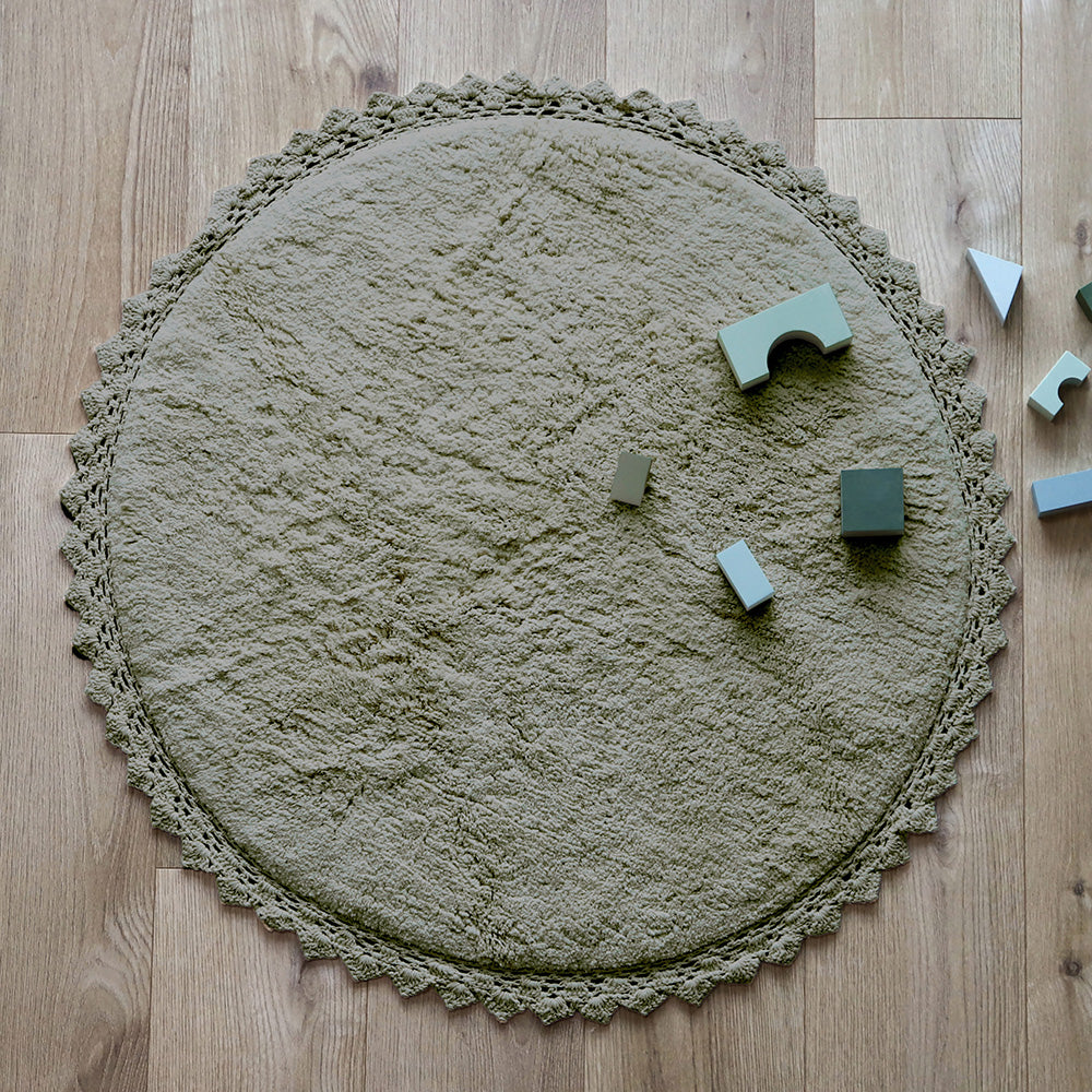 Tapis rond coton lavable finition crochet PERLA OLIVE 