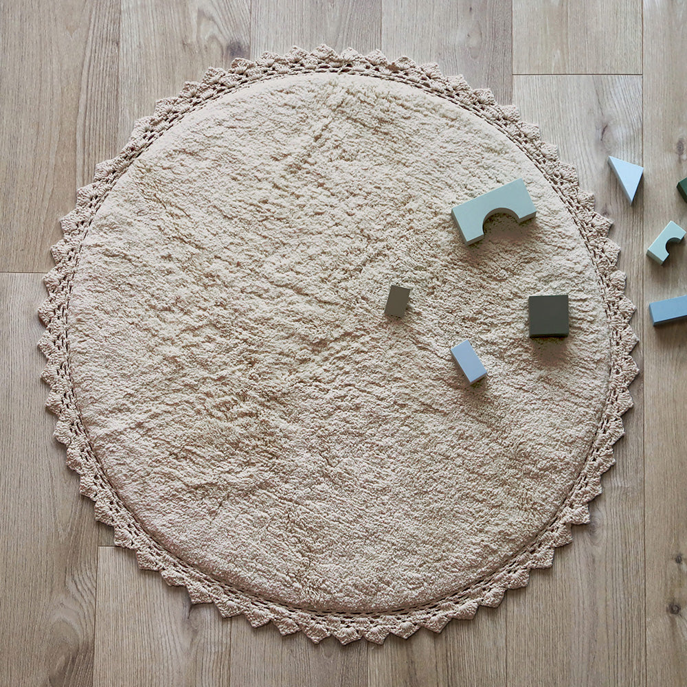 Tapis rond coton lavable finition crochet PERLA SABLE 